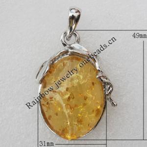 Imitate Amber Pendant With Metal Alloy Set, 49x31x14mm, Sold by Bag