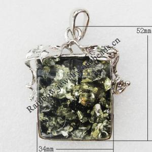 Imitate Amber Pendant With Metal Alloy Set, 52x34x15mm, Sold by Bag