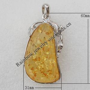 Imitate Amber Pendant With Metal Alloy Set, 60x31x11mm, Sold by Bag