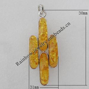 Imitate Amber Pendant With Metal Alloy Set, 38x31x13mm, Sold by Bag