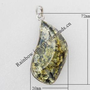 Imitate Amber Pendant With Metal Alloy Set, 72x38x20mm, Sold by Bag