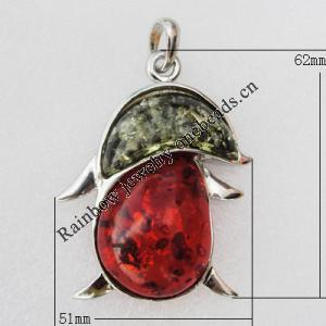 Imitate Amber Pendant With Metal Alloy Set, 62x51x14mm, Sold by Bag