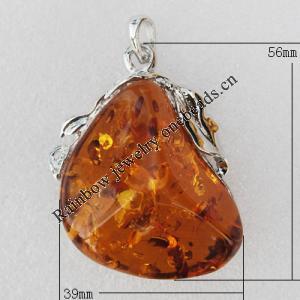 Imitate Amber Pendant With Metal Alloy Set, 56x39x20mm, Sold by Bag
