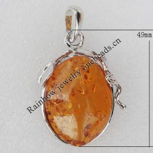 Imitate Amber Pendant With Metal Alloy Set, 49x31x15mm, Sold by Bag