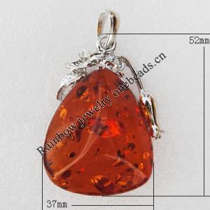 Imitate Amber Pendant With Metal Alloy Set, 52x37x19mm, Sold by Bag