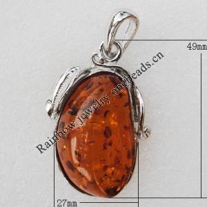 Imitate Amber Pendant With Metal Alloy Set, 49x27x14.5mm, Sold by Bag