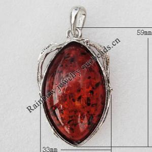 Imitate Amber Pendant With Metal Alloy Set, 59x33x13.5mm, Sold by Bag