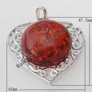 Imitate Amber Pendant With Metal Alloy Set, 47.5x45x14mm, Sold by Bag