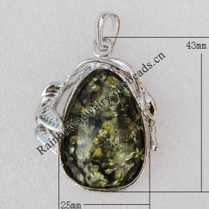 Imitate Amber Pendant With Metal Alloy Set, 43x25x11mm, Sold by Bag