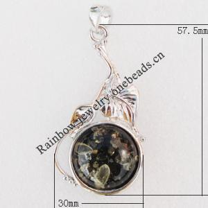 Imitate Amber Pendant With Metal Alloy Set, 57.5x30x10.5mm, Sold by Bag