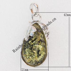 Imitate Amber Pendant With Metal Alloy Set, 43x21x12mm, Sold by Bag