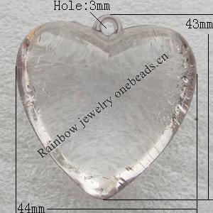 Transparent Acrylic Pendant, Heart 43x44x21mm Hole:3mm, Sold by Bag