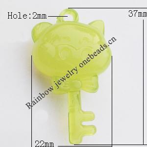 Imitate Jade Acrylic Pendant, Key 22x37mm Hole:2mm, Sold by Bag