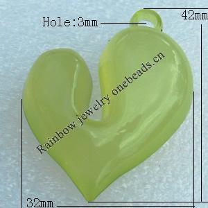 Imitate Jade Acrylic Pendant, Heart 33x42mm Hole:3mm, Sold by Bag