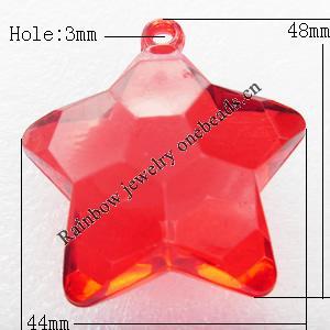 Transparent Acrylic Pendant, Star 44x48x17mm Hole:4mm, Sold by Bag