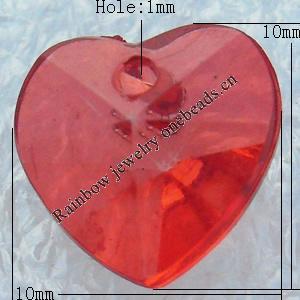 Transparent Acrylic Pendant, Faceted Heart 10x10mm Hole:1mm, Sold by Bag