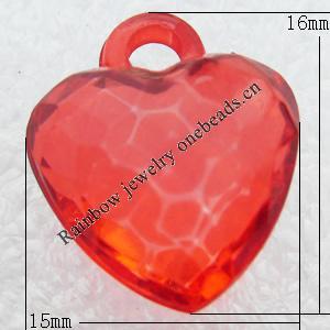 Transparent Acrylic Pendant, Faceted Heart 15x16mm, Sold by Bag