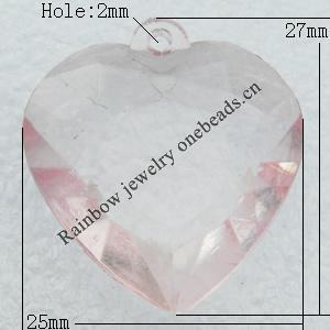 Transparent Acrylic Pendant, Faceted Heart 25x27mm Hole:2mm, Sold by Bag