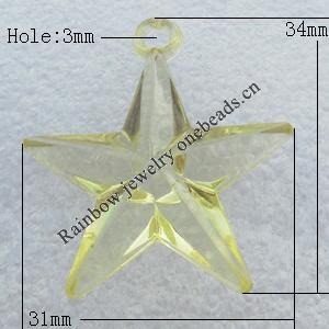 Transparent Acrylic Pendant, Star 31x34mm Hole:3mm, Sold by Bag
