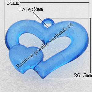 Transparent Acrylic Pendant, Heart 26.5x34mm Hole:2mm, Sold by Bag
