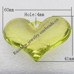 Transparent Acrylic Pendant, Heart 60x41mm Hole:4mm, Sold by Bag
