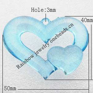 Transparent Acrylic Pendant, Heart 50x40mm Hole:3mm, Sold by Bag