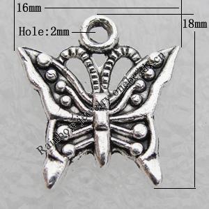 Pendant Lead-free Zinc Alloy Jewelry Findings, Butterfly 18x16mm, Hole:2mm Sold by Bag