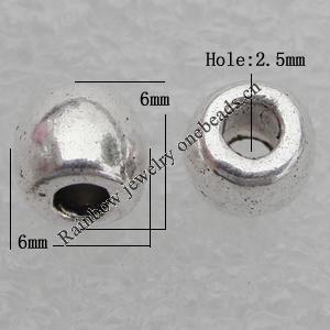 Bead Lead-free Zinc Alloy Jewelry Findings, Drum 6x6mm, Hole:2.5mm Sold by Bag