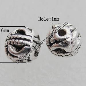 Bead Lead-free Zinc Alloy Jewelry Findings, Round 6mm, Hole:1mm Sold by Bag