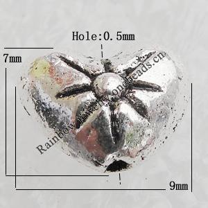 Bead Lead-free Zinc Alloy Jewelry Findings, Heart 7x9mm, Hole:0.5mm Sold by Bag
