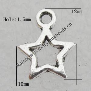 Pendant Lead-free Zinc Alloy Jewelry Findings, Star 12x10mm, Hole:1.5mm Sold by Bag