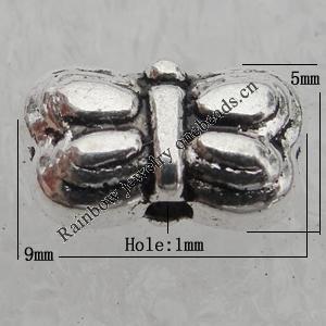 Bead Lead-free Zinc Alloy Jewelry Findings, Butterfly 9x5mm, Hole:1mm Sold by Bag