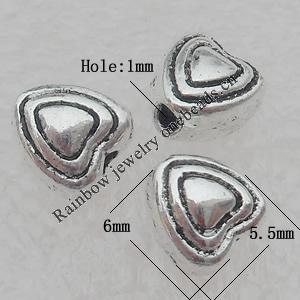 Bead Lead-free Zinc Alloy Jewelry Findings, Heart 6x5.5mm Hole:1mm Sold by Bag