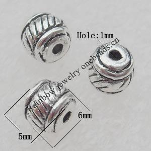 Bead Lead-free Zinc Alloy Jewelry Findings, Drum 5x6mm Hole:1mm Sold by Bag