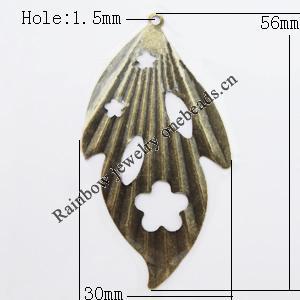 Iron Jewelry finding Pendant Lead-free, Leaf 56x30mm Hole:1.5mm, Sold by Bag