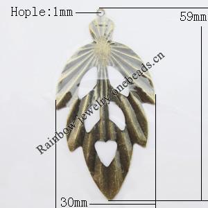 Iron Jewelry finding Pendant Lead-free, Leaf 30x59mm Hole:1mm, Sold by Bag