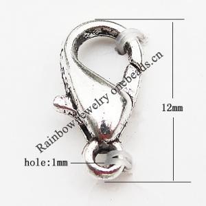 Zinc Alloy Lobster Claw Clasp, Nickel-free & Lead-free, 12mm, Hole:Approx 1MM, Sold by Bag