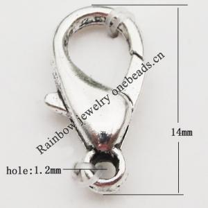 Zinc Alloy Lobster Claw Clasp, Nickel-free & Lead-free, 14mm, Hole:Approx 1.2MM, Sold by Bag
