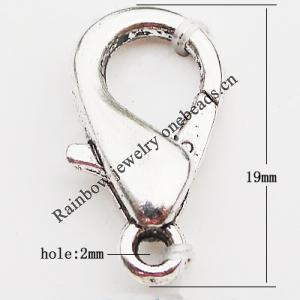 Zinc Alloy Lobster Claw Clasp, Nickel-free & Lead-free, 19mm, Hole:Approx 2MM, Sold by Bag