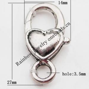 Zinc Alloy Lobster Claw Clasp, Nickel-free & Lead-free, 27x14mm, Hole:Approx 3.5MM, Sold by Bag