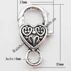 Zinc Alloy Lobster Claw Clasp, Nickel-free & Lead-free, 25x13mm, Hole:Approx 4MM, Sold by Bag