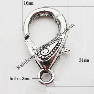 Zinc Alloy Lobster Claw Clasp, Nickel-free & Lead-free, 31x16mm, Hole:Approx 3MM, Sold by Bag