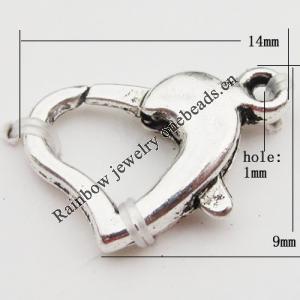 Zinc Alloy Lobster Claw Clasp, Nickel-free & Lead-free, 14x9mm, Hole:Approx 1MM, Sold by Bag