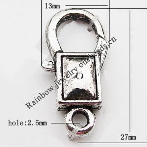 Zinc Alloy Lobster Claw Clasp, Nickel-free & Lead-free, 27x13mm, Hole:Approx 2.5MM, Sold by Bag