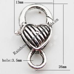 Zinc Alloy Lobster Claw Clasp, Nickel-free & Lead-free, 26x13mm, Hole:Approx 3.5MM, Sold by Bag