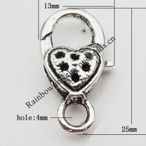 Zinc Alloy Lobster Claw Clasp with Crystal, Nickel-free & Lead-free, 25x13mm, Hole:Approx 4MM, Sold by Bag