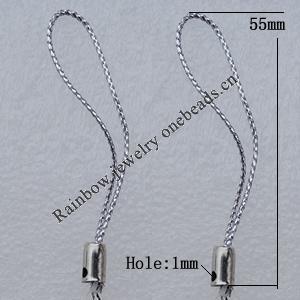 55mm Mobile Telephone or Key Chain Jewelry Cord with Iron cap, Hole:1mm Sold by Bag
