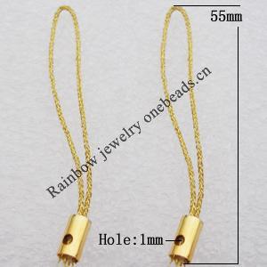 55mm Mobile Telephone or Key Chain Jewelry Cord with Copper cap, Hole:1mm Sold by Bag