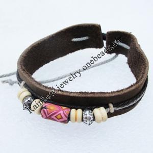 7.1 Inch Cowhide (Cowskin) with waxed cotton & jewelry beads Bracelet Sold by Group 