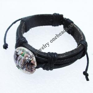 7.1 Inch Cowhide (Cowskin) with waxed cotton & Lampwork Beads Bracelet Sold by Bag 
